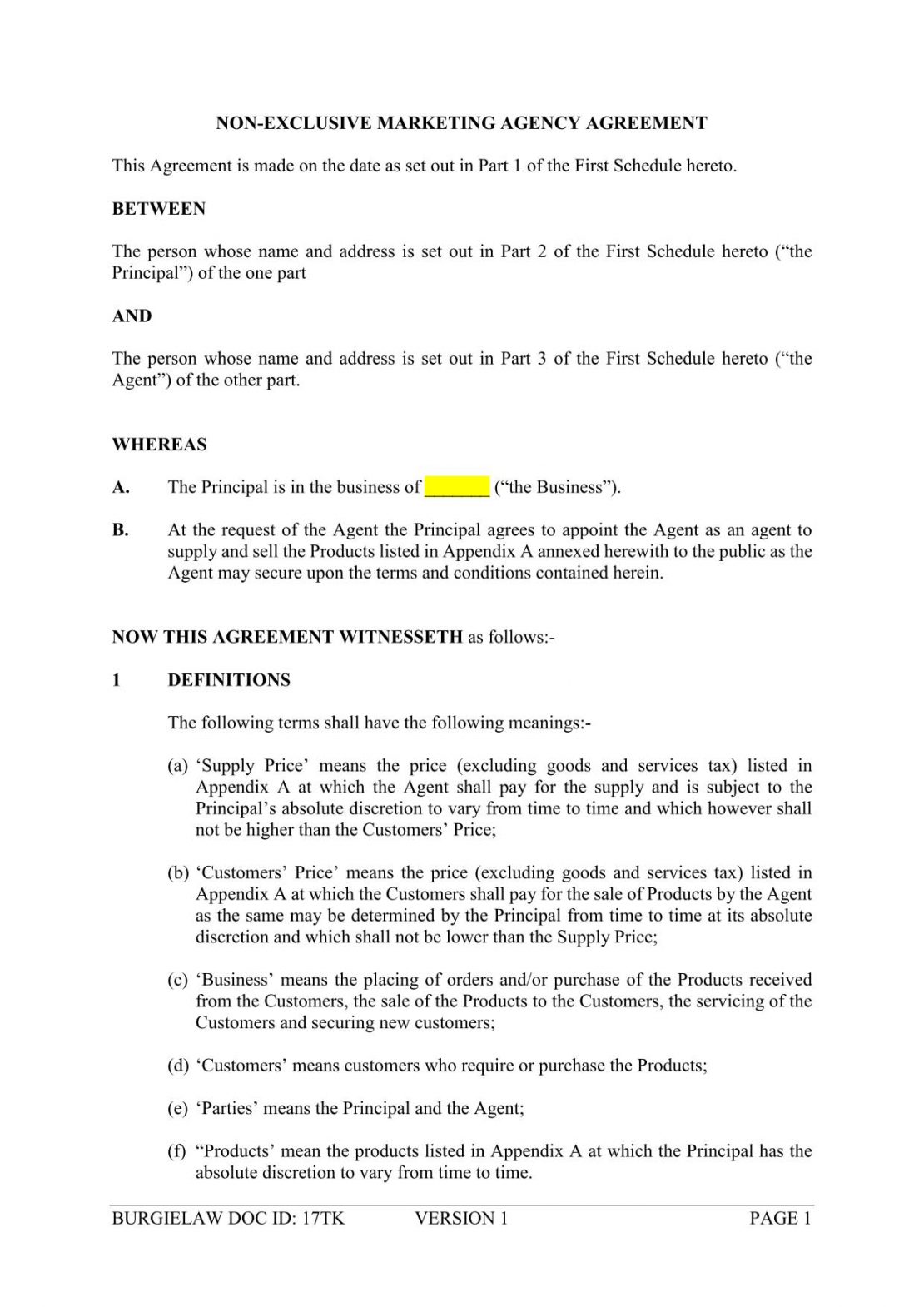 NonExclusive Marketing Agency Agreement Template BurgieLaw