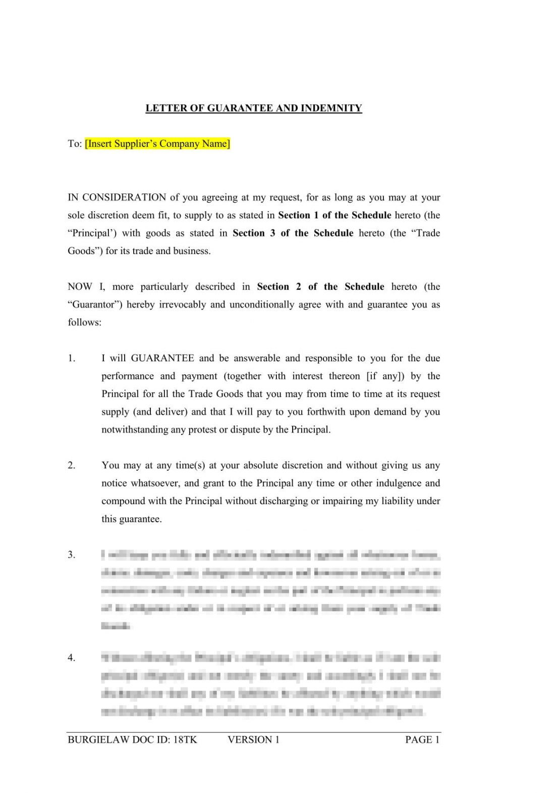 Letter Of Guarantee And Indemnity Supplier Template Burgielaw 3006