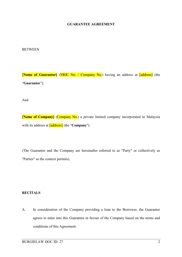 Guarantee Agreement Template - BurgieLaw